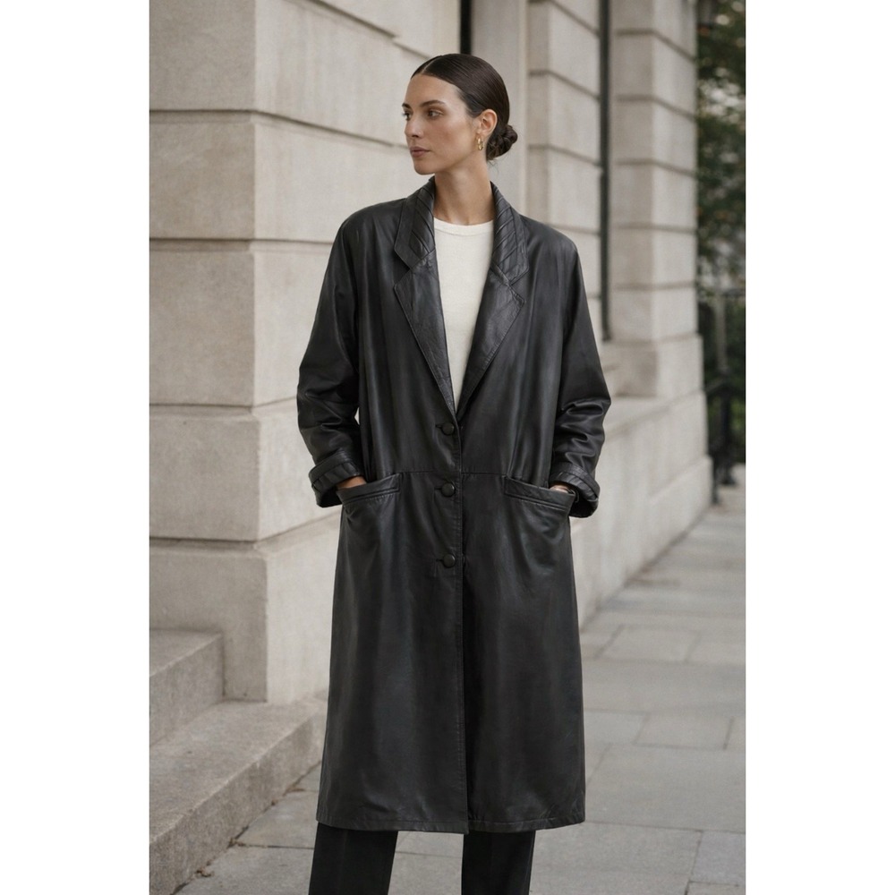 Vintage Black Leather Trench Coat Jacket Women's M Petite Mob Wife 90s‎ Timeless